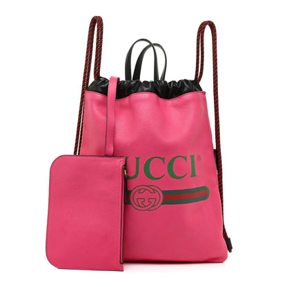 Gucci Grained Calfskin Logo Drawstring Backpack Box Pink Green Black 1 of 13