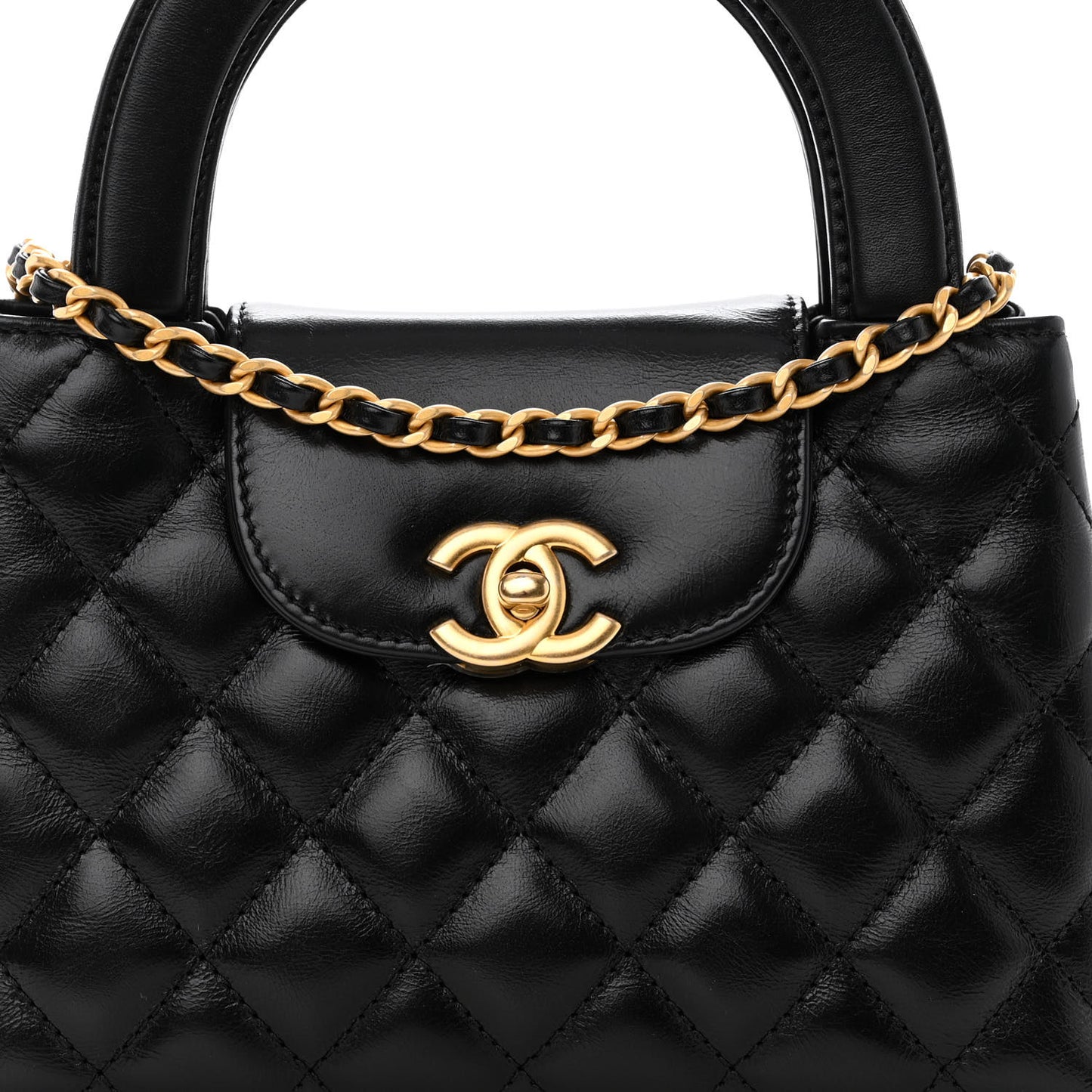 Shiny Aged Calfskin Quilted Nano Kelly Shopper Black