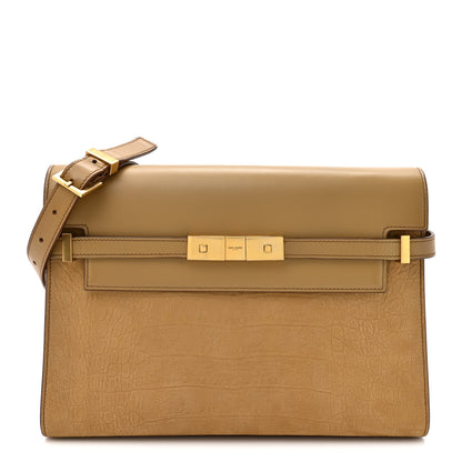 Saint Laurent Smooth Calfskin Suede Crocodile Embossed Manhattan Shoulder Bag Tan 1 of 12