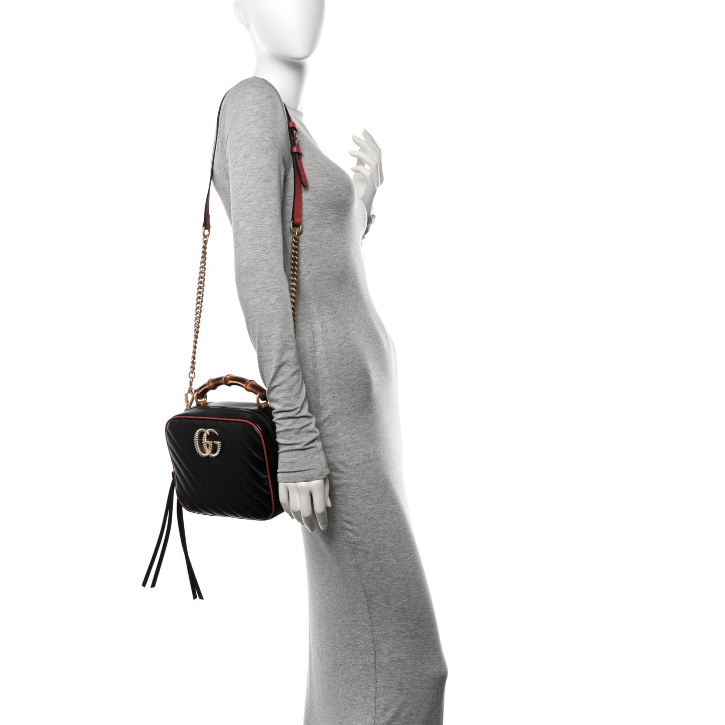 Vintage Effect Calfskin Matelasse Diagonal Small Torchon GG Marmont Bamboo Top Handle Shoulder Bag Black Romantic Cherry