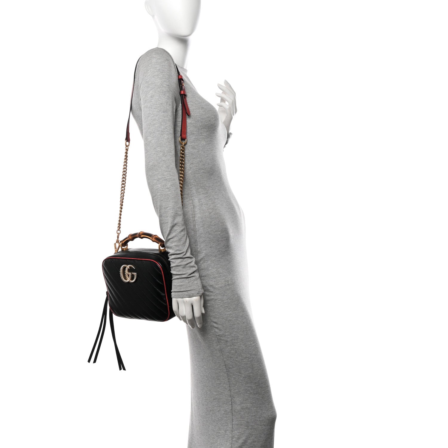 Gucci Vintage Effect Calfskin Matelasse Diagonal Small Torchon GG Marmont Bamboo Top Handle Shoulder Bag Black Romantic Cherry 2 of 11