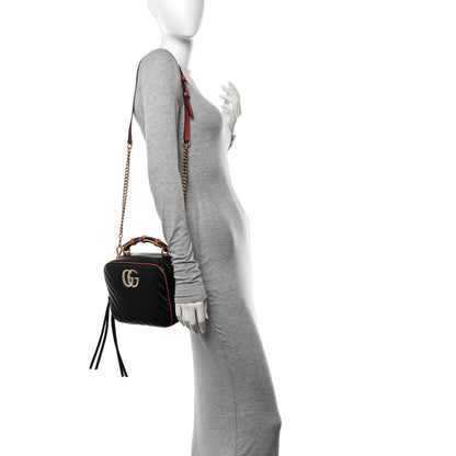 Gucci Vintage Effect Calfskin Matelasse Diagonal Small Torchon GG Marmont Bamboo Top Handle Shoulder Bag Black Romantic Cherry 2 of 11