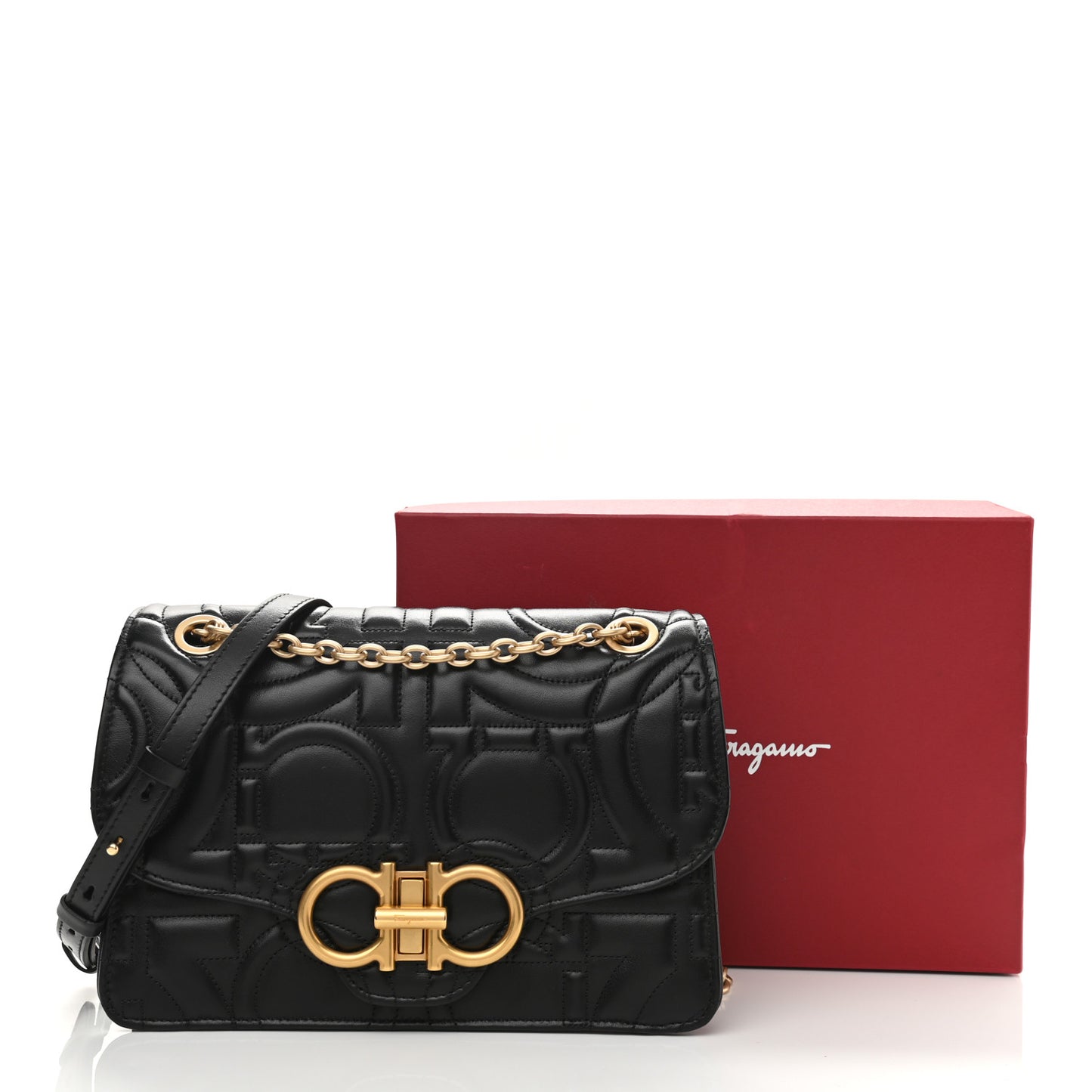 Calfskin Quilted Gancini Flap Bag Black