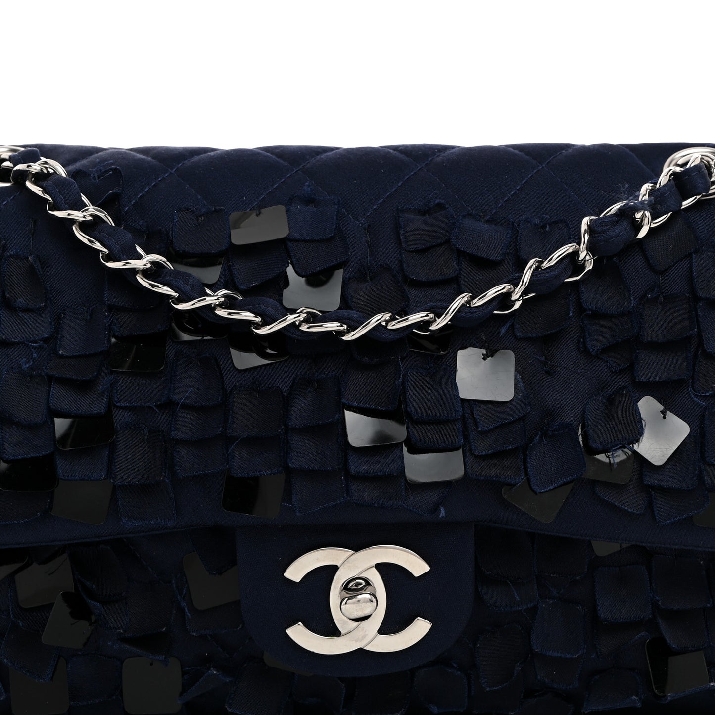 Satin Paillette Sequin Quilted Medium Single Flap Navy