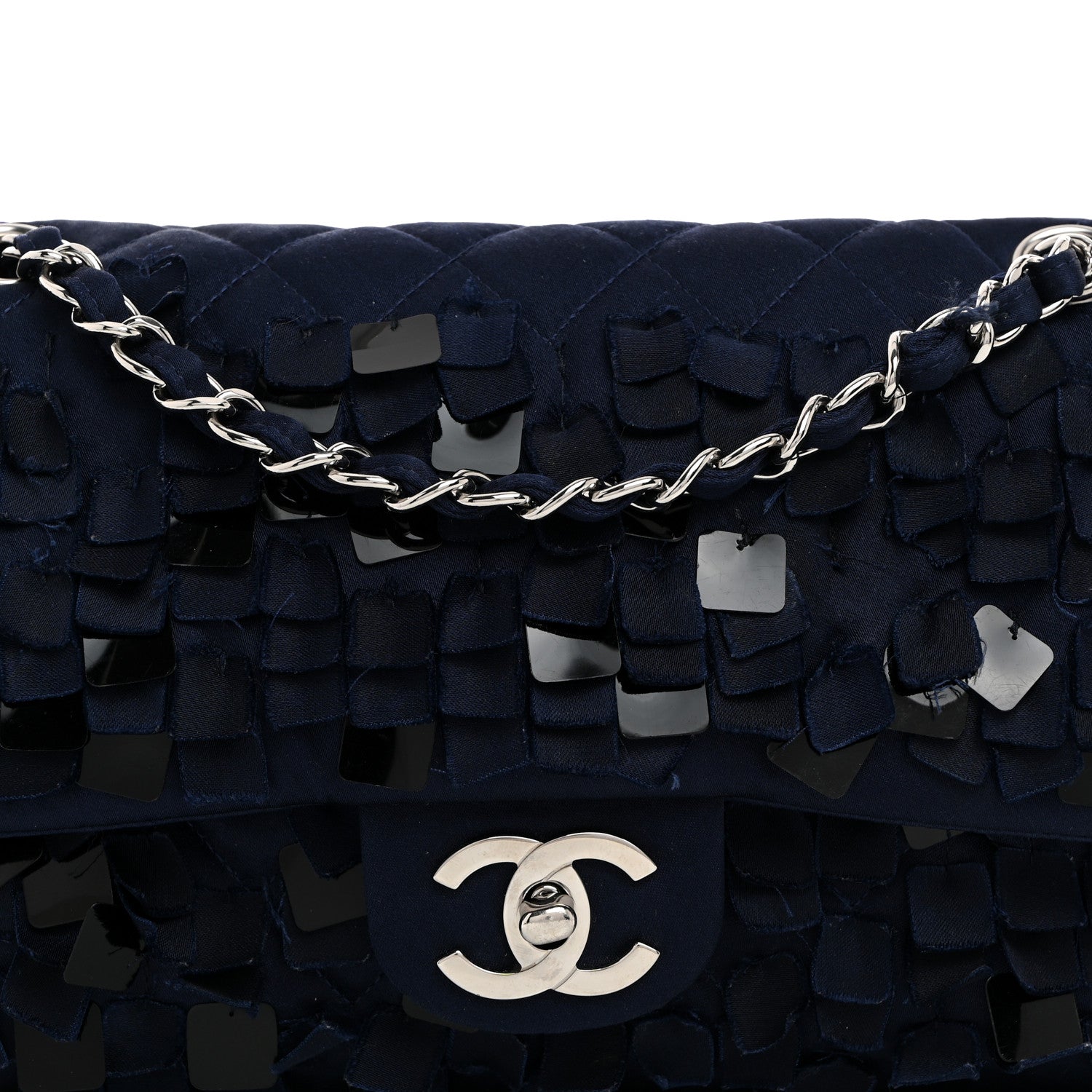 Chanel Satin Paillette Sequin Quilted Medium Single Flap Navy 8 of 10