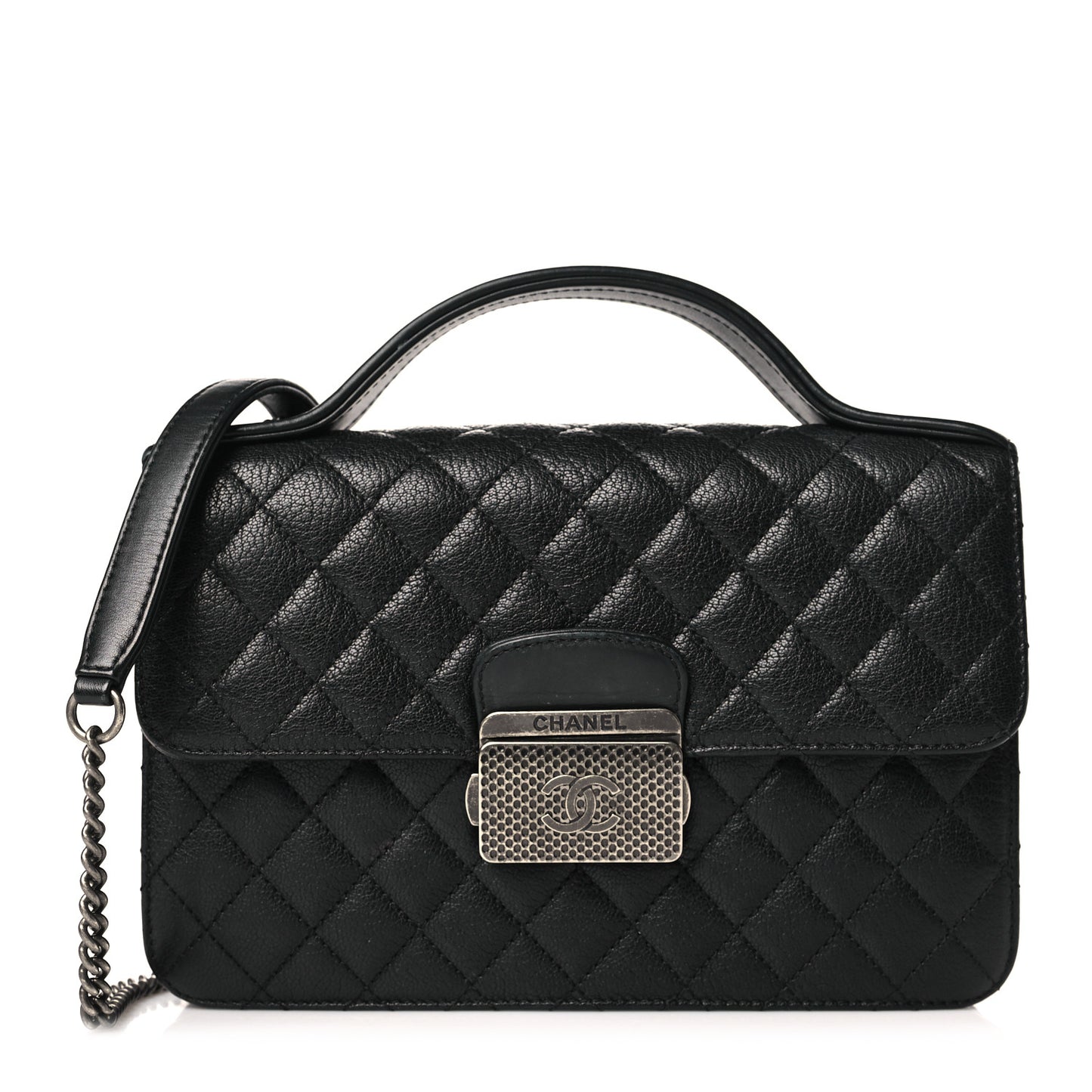 Goatskin Quilted Small CC University Top Handle Flap Black
