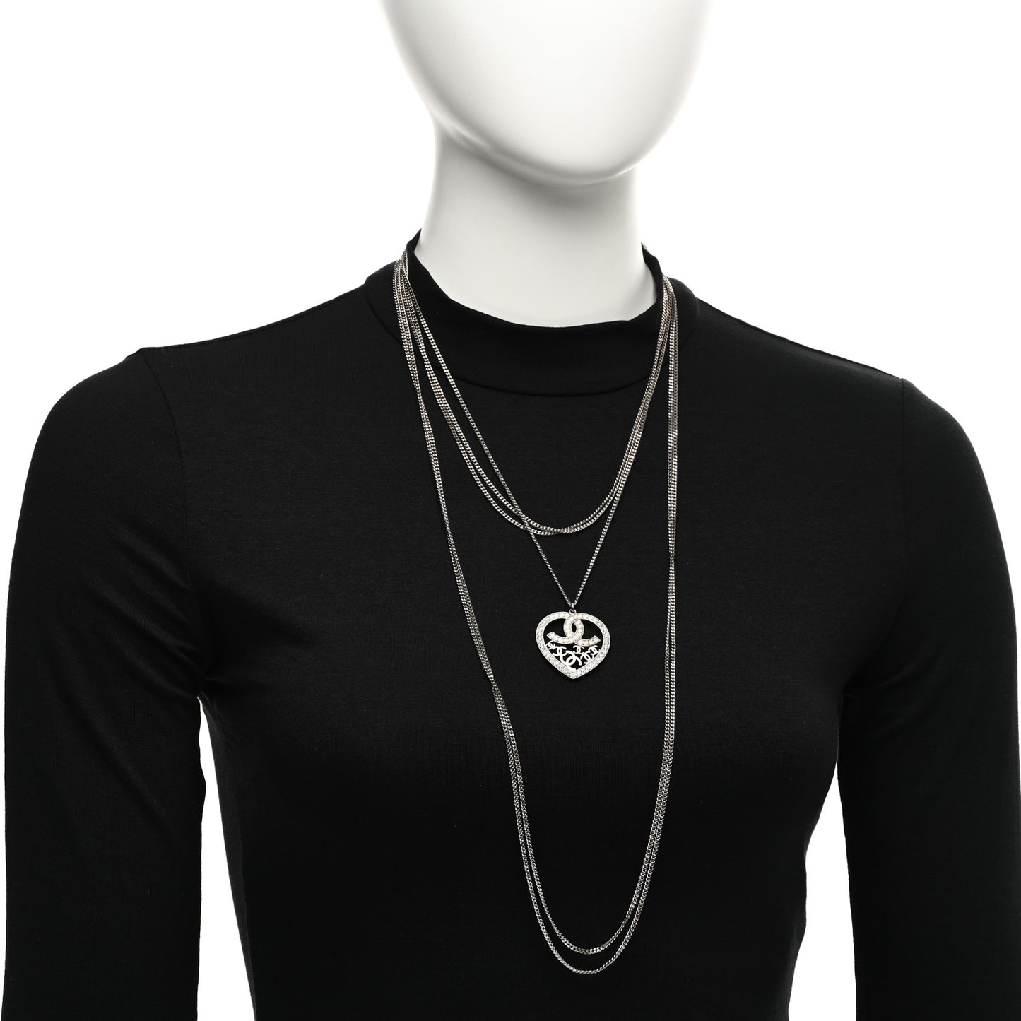 Crystal Heart CC Multi Strand Chain Necklace Silver