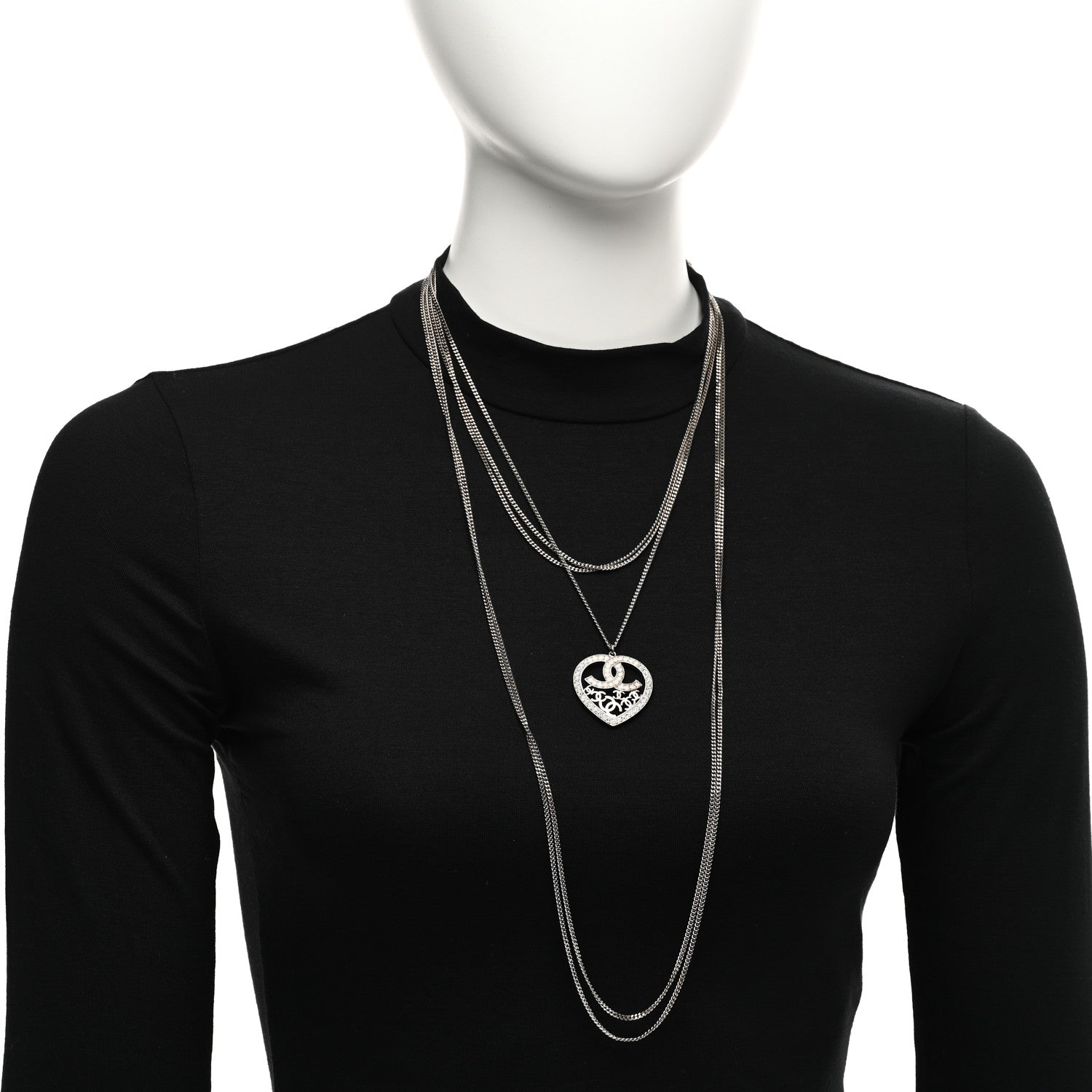 Chanel Crystal Heart CC Multi Strand Chain Necklace Silver 2 of 6