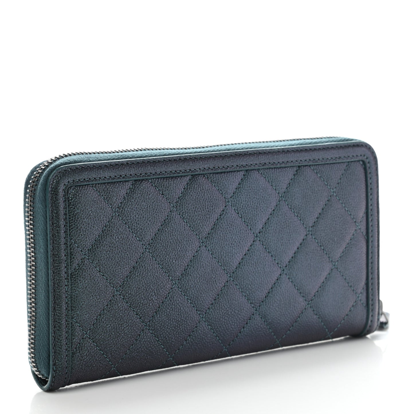 Iridescent Caviar Quilted Large Filigree Zip Around Wallet Dark Turquoise