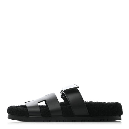 Hermes Calfskin Woolskin Womens Chypre Sandals 37 Black 1 of 6