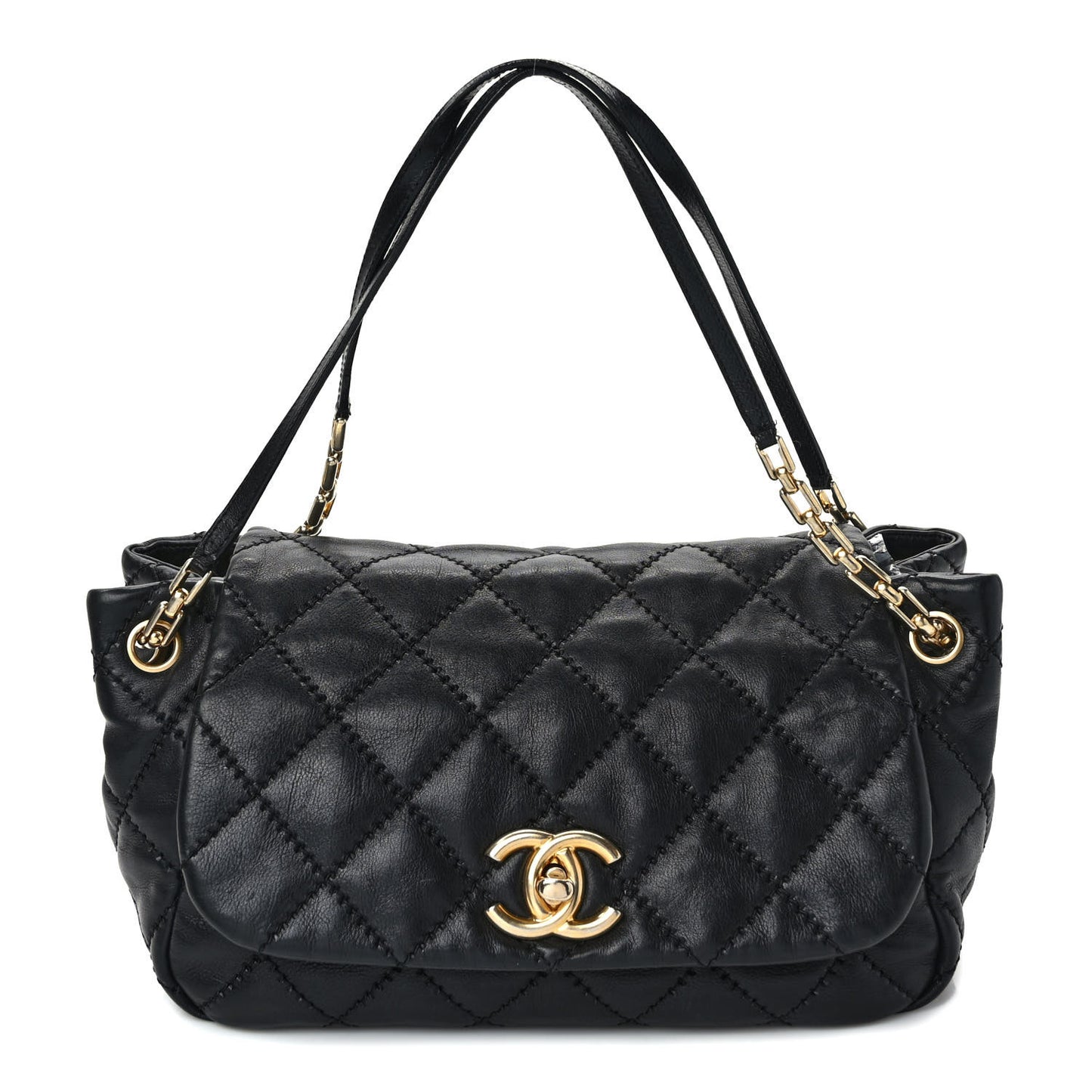 Calfskin Quilted Retro Chain Flap Black