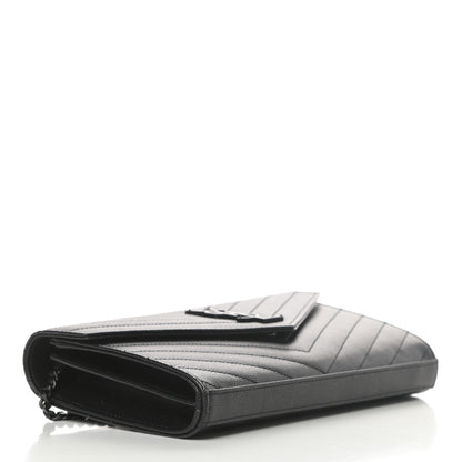 Saint Laurent Grain De Poudre Matelasse Chevron Monogram Chain Wallet Black 4 of 11
