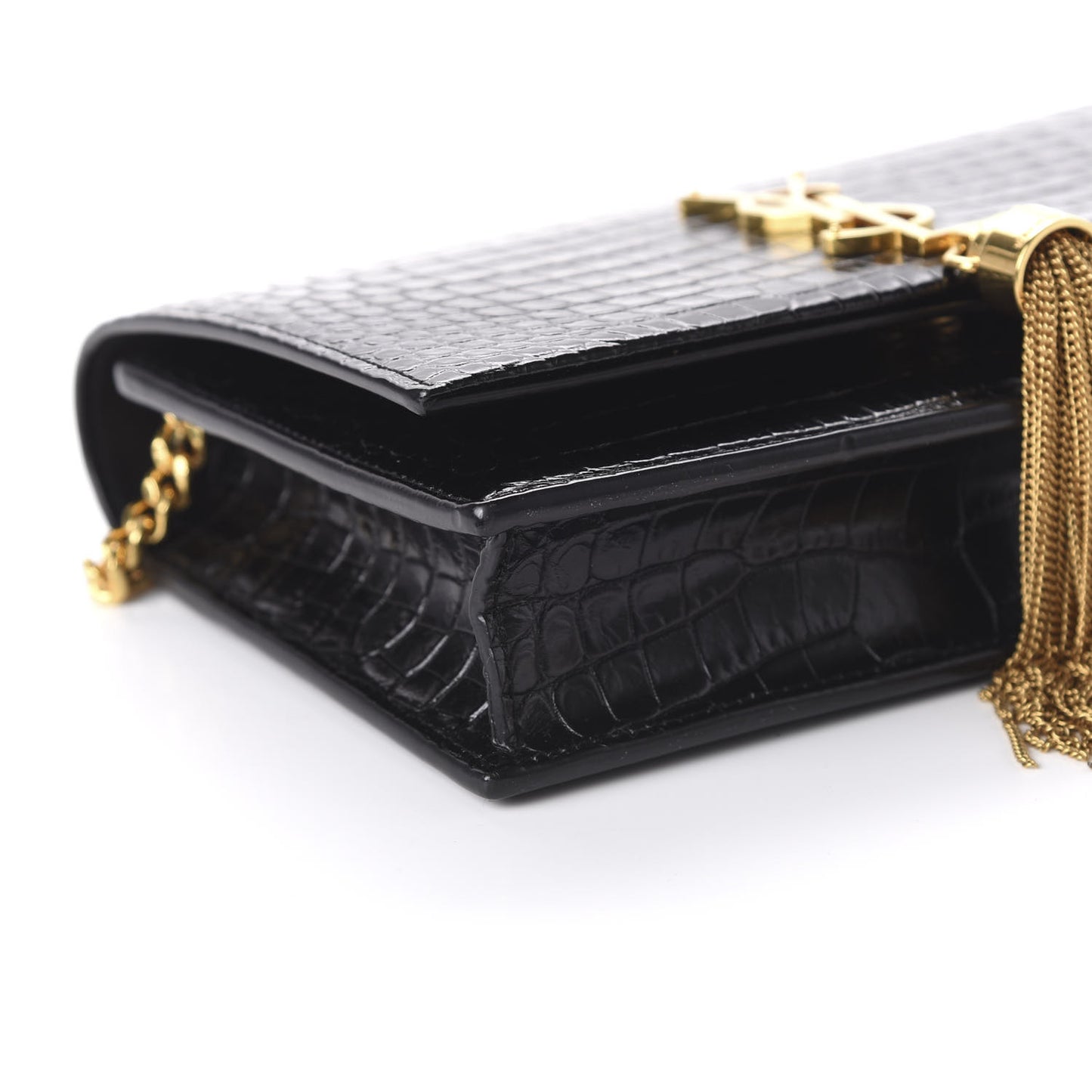 Calfskin Crocodile Embossed Kate Monogram Tassel Chain Wallet Black