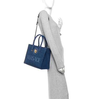 Versace Denim Calfskin La Medusa Small Tote Bag Blue 2 of 10