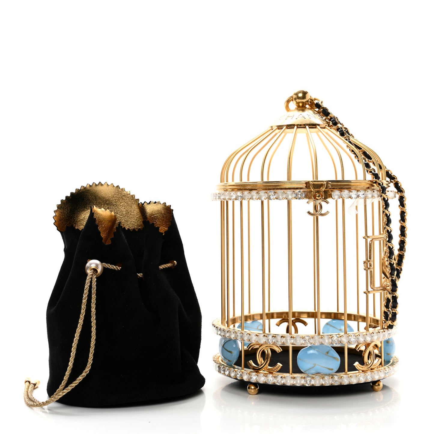 Metal Crystal Enamel CC Love Bird Cage Minaudiere Clutch Gold Multicolor