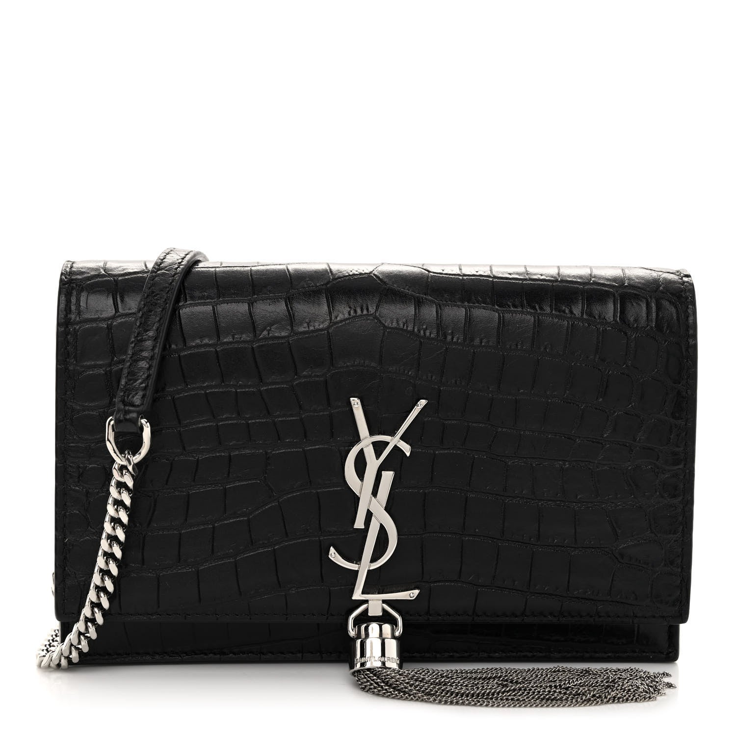 Saint Laurent Calfskin Crocodile Embossed Kate Monogram Tassel Chain Wallet Black 1 of 9