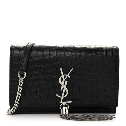 Saint Laurent Calfskin Crocodile Embossed Kate Monogram Tassel Chain Wallet Black 1 of 9