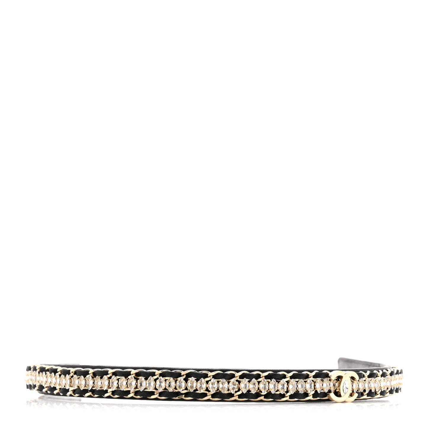 Metal Lambskin Crystal CC Chain Headband Gold Black