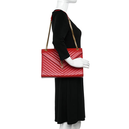 Saint Laurent Grain De Poudre Matelasse Chevron Large Monogram Satchel Lipstick Red 2 of 10