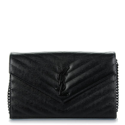 Saint Laurent Grain De Poudre Matelasse Chevron Medium Monogram Chain Wallet Black 1 of 7