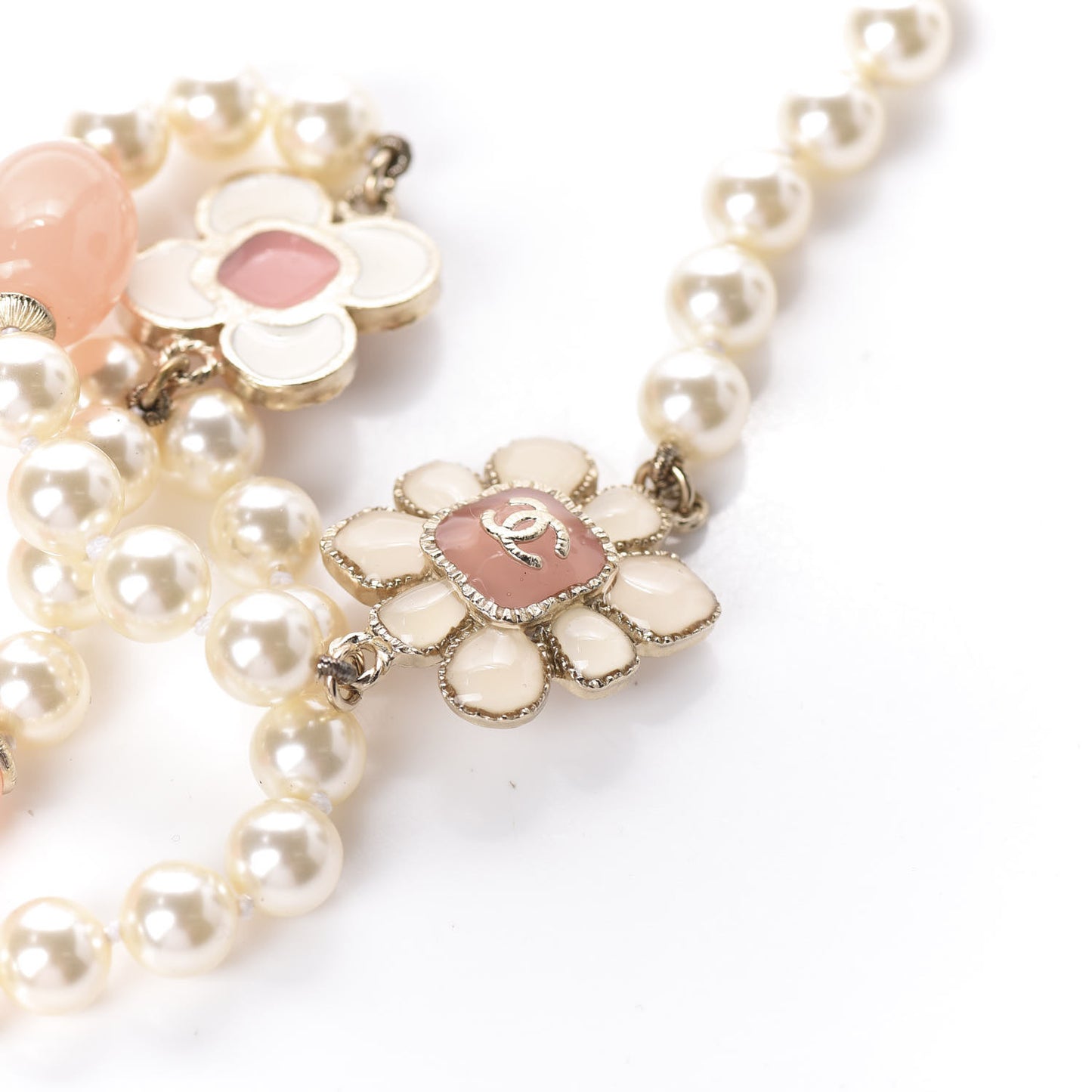 Pearl Gripoix Poured Glass CC Korean Blossom Long Necklace Pink Gold