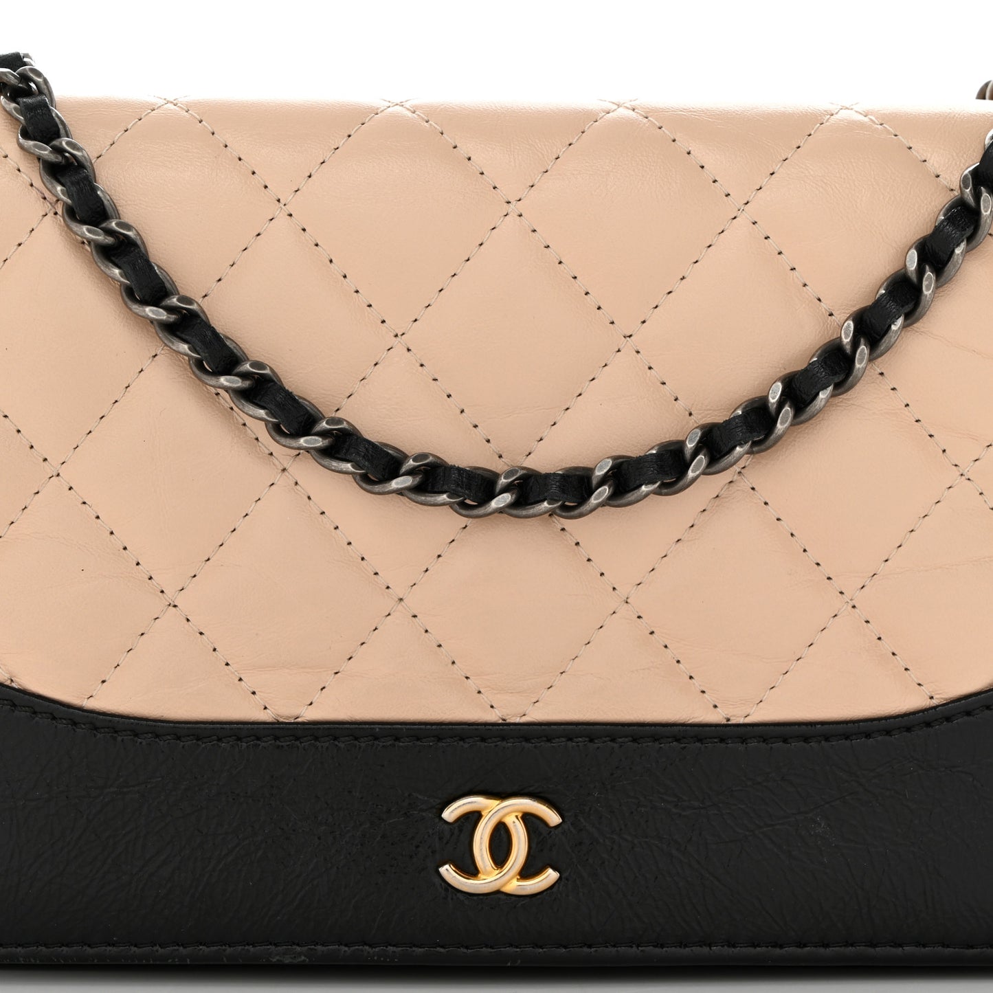 Aged Calfskin Quilted Gabrielle Wallet On Chain WOC Beige Black