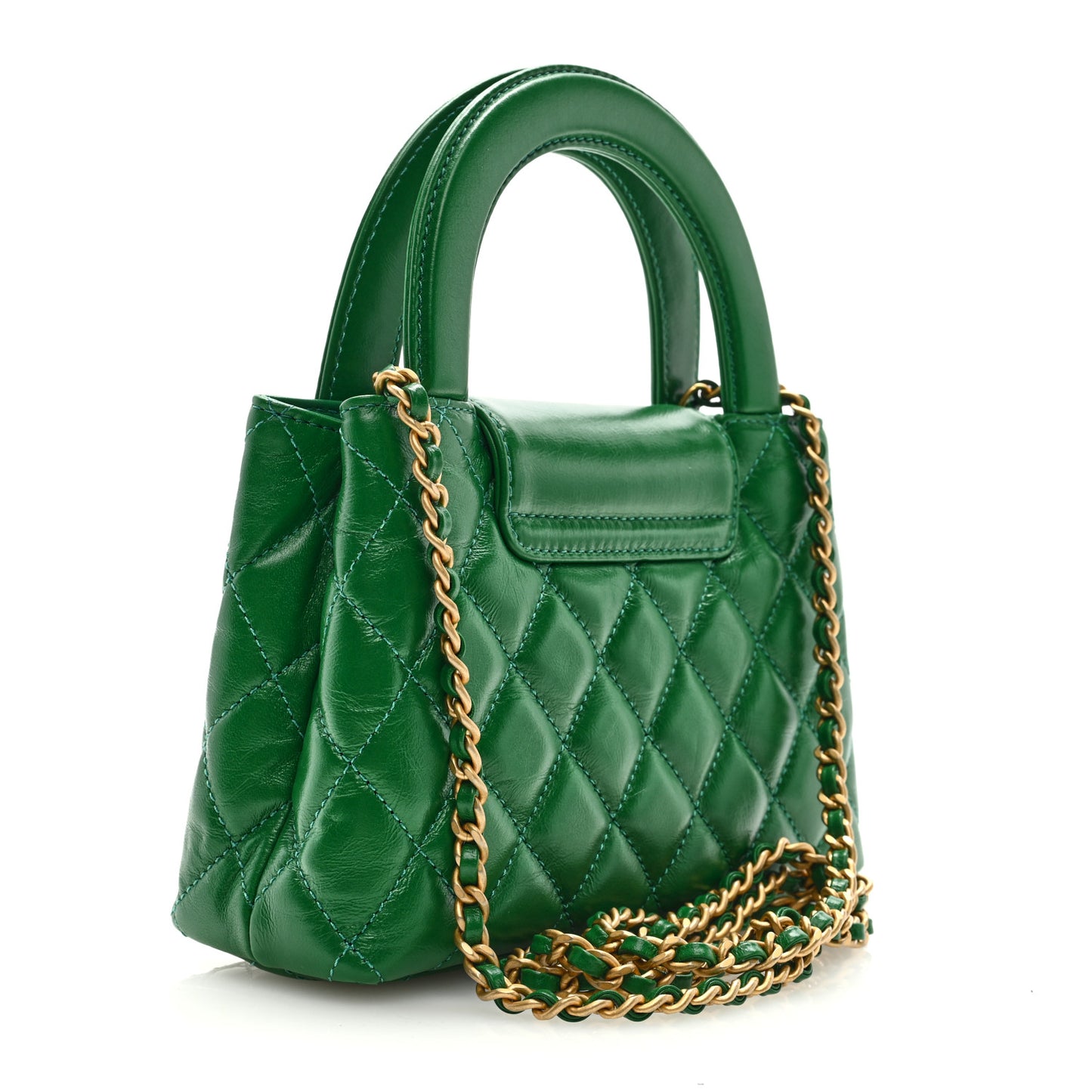 Shiny Aged Calfskin Quilted Nano Kelly Shopper Green