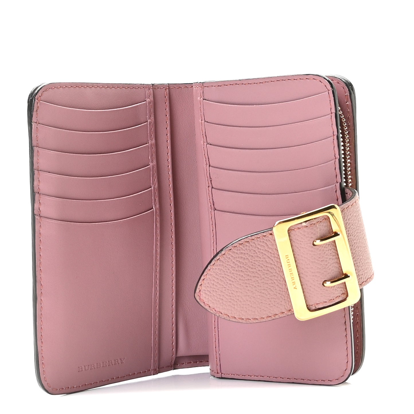 Grainy Calfskin Buckle Detail Zip Wallet Dusty Pink