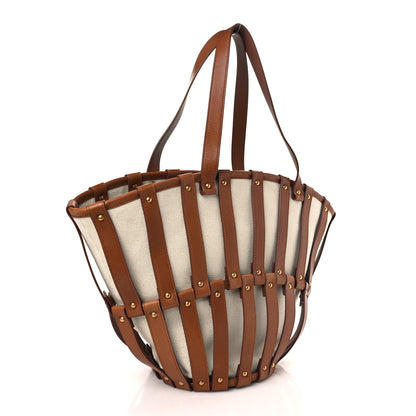 Saint Laurent Calfskin Canvas Beatrix Panier Cut Out Tote Grege Brick 3 of 9