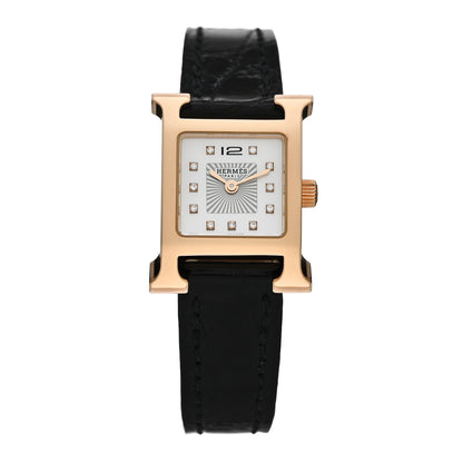 Hermes Stainless Steel Alligator Diamond Mother of Pearl 17.2mm Heure H Hour Quartz Watch Noir 1 of 5