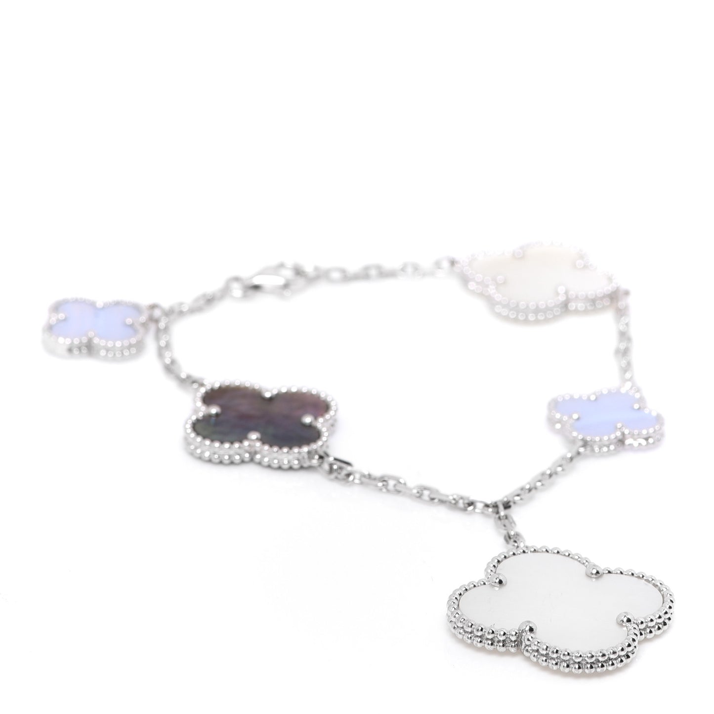 18K White Gold Chalcedony Mother of Pearl 5 Motifs Magic Alhambra Bracelet
