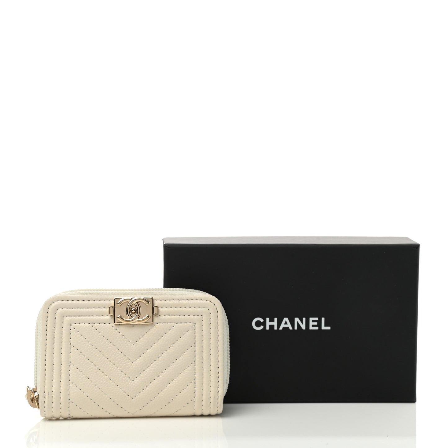 Caviar Chevron Quilted Boy Zip Around Coin Purse Wallet White