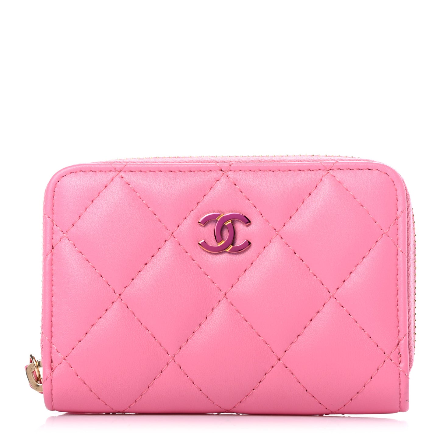 Lambskin Quilted Zip Around Coin Purse Wallet Pink Yellow