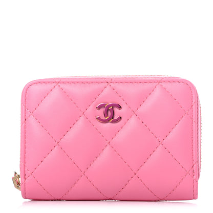 Chanel Lambskin Quilted Zip Around Coin Purse Wallet Pink Yellow 1 of 7