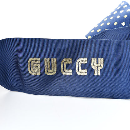 Gucci X SEGA Silk GUCCY Stars Print Neck Bow Scarf Navy Gold 4 of 4