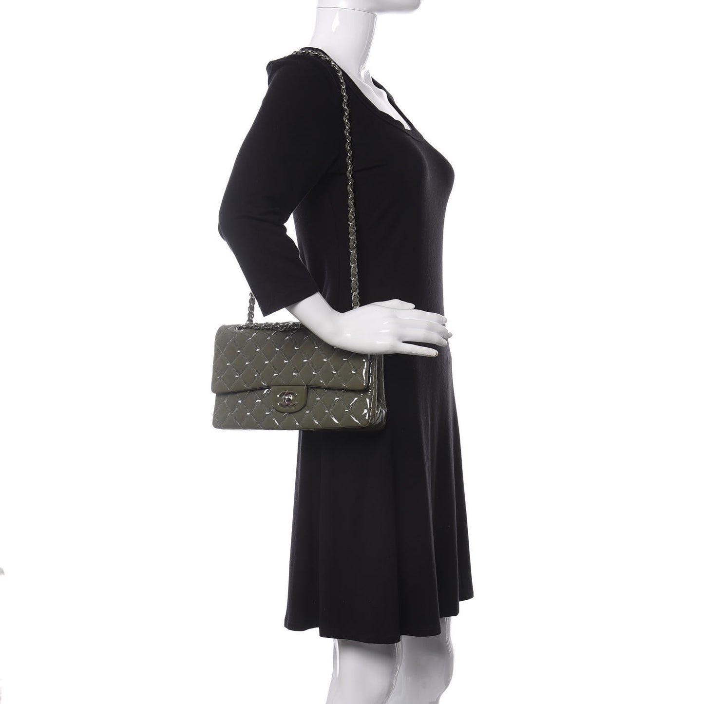 Patent Calfskin Quilted Medium Double Flap Grey