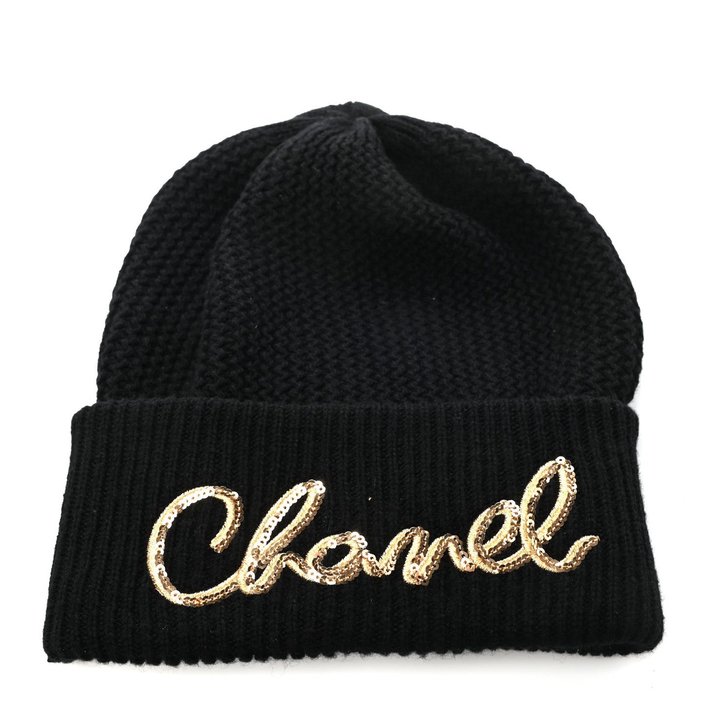 Cashmere Sequin Logo Beanie Hat Black Gold