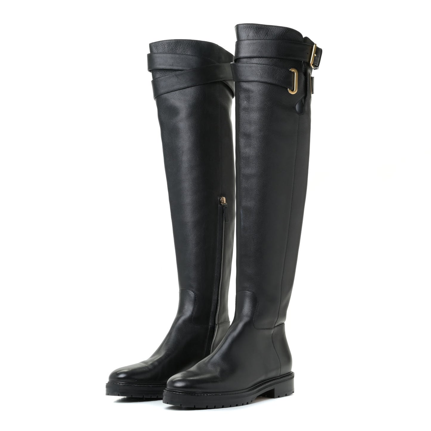 Calfskin Knee High Buckle Boots 37.5 Black