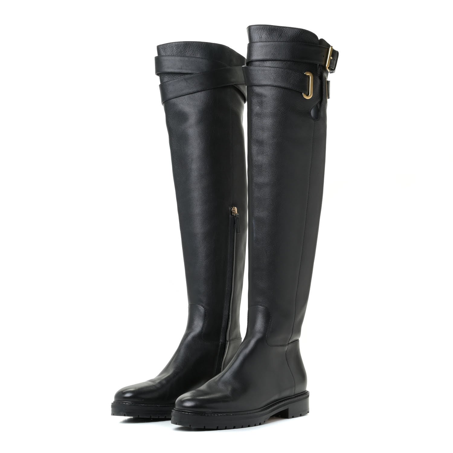 Valentino Garavani Calfskin Knee High Buckle Boots 37.5 Black 2 of 19
