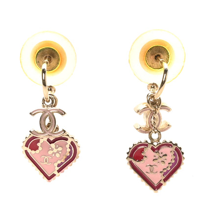 Chanel Enamel Valentine CC Heart Drop Earrings Pink Gold 2 of 10