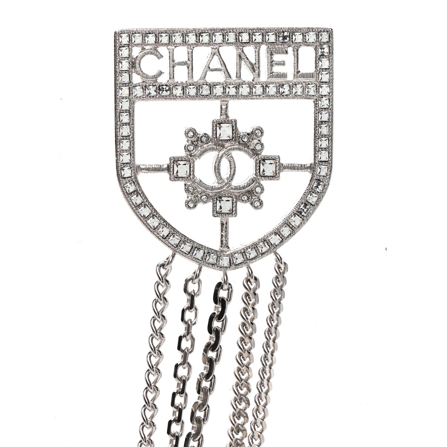 Chanel Baguette Crystal CC Shield Multi Strand Long Chain Brooch Silver 3 of 6
