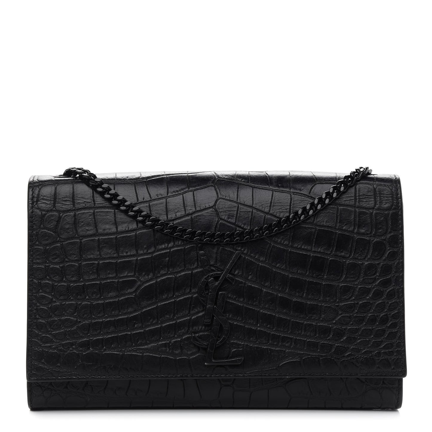 Calfskin Crocodile Embossed Medium Classic Monogram Kate Satchel Black
