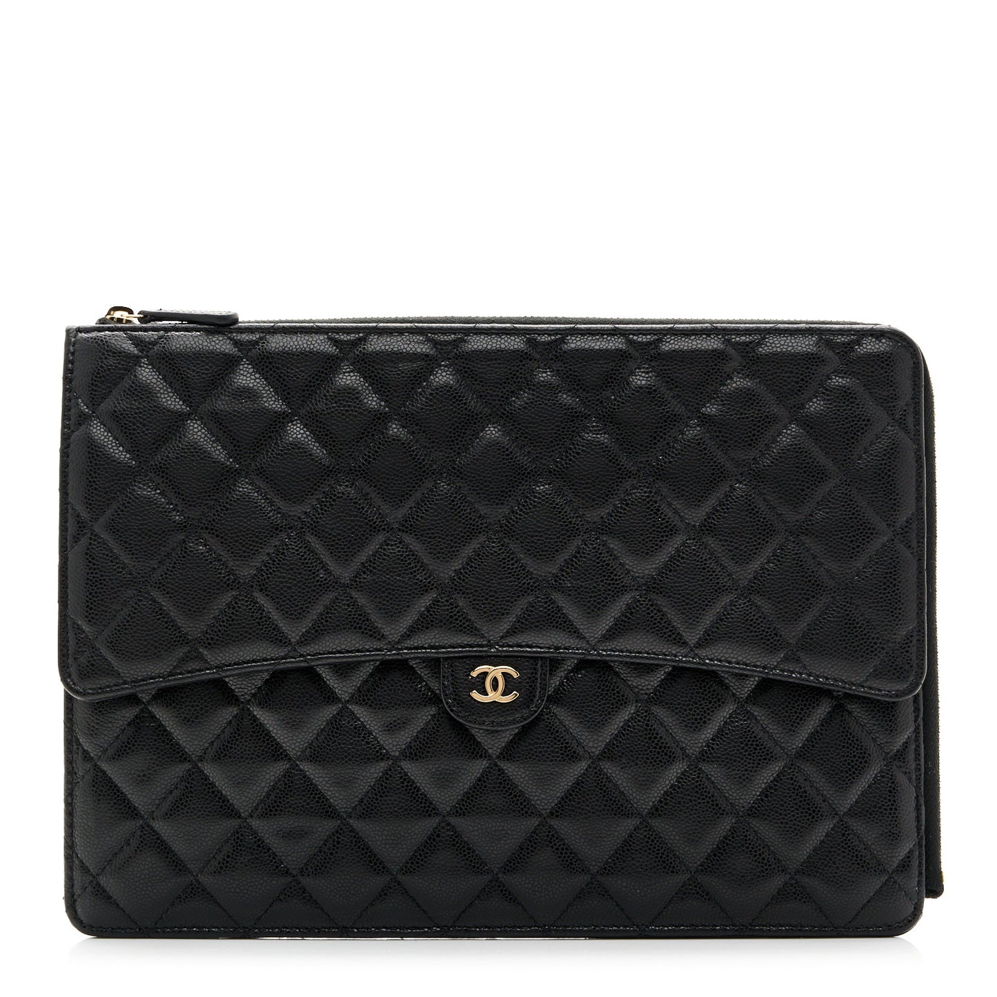 Caviar Quilted Large Flap Zip Clutch Black