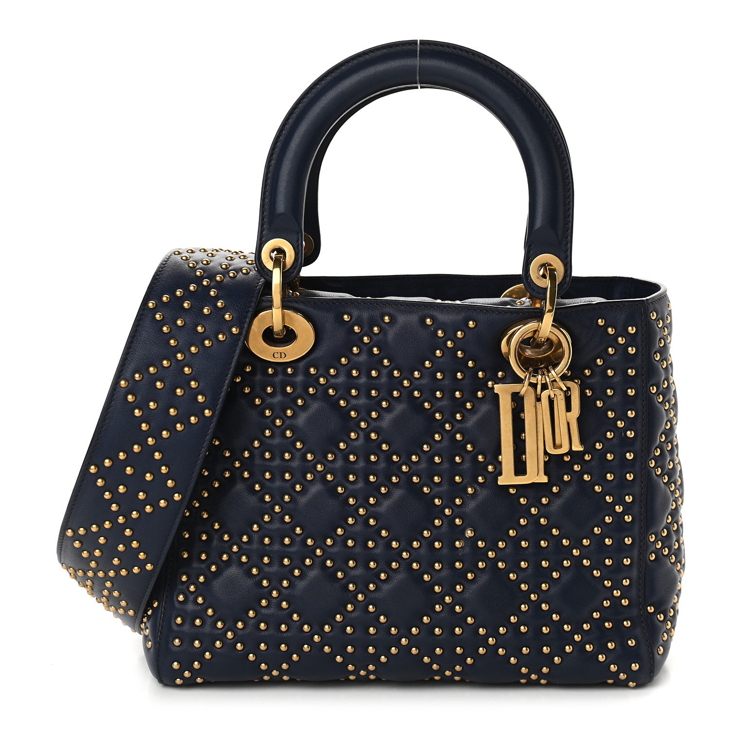 Christian Dior Calfskin Cannage Studded Medium Supple Lady Dior Navy 1 of 8