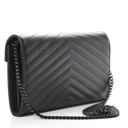 Saint Laurent Grain De Poudre Matelasse Chevron Monogram Chain Wallet Black 3 of 11