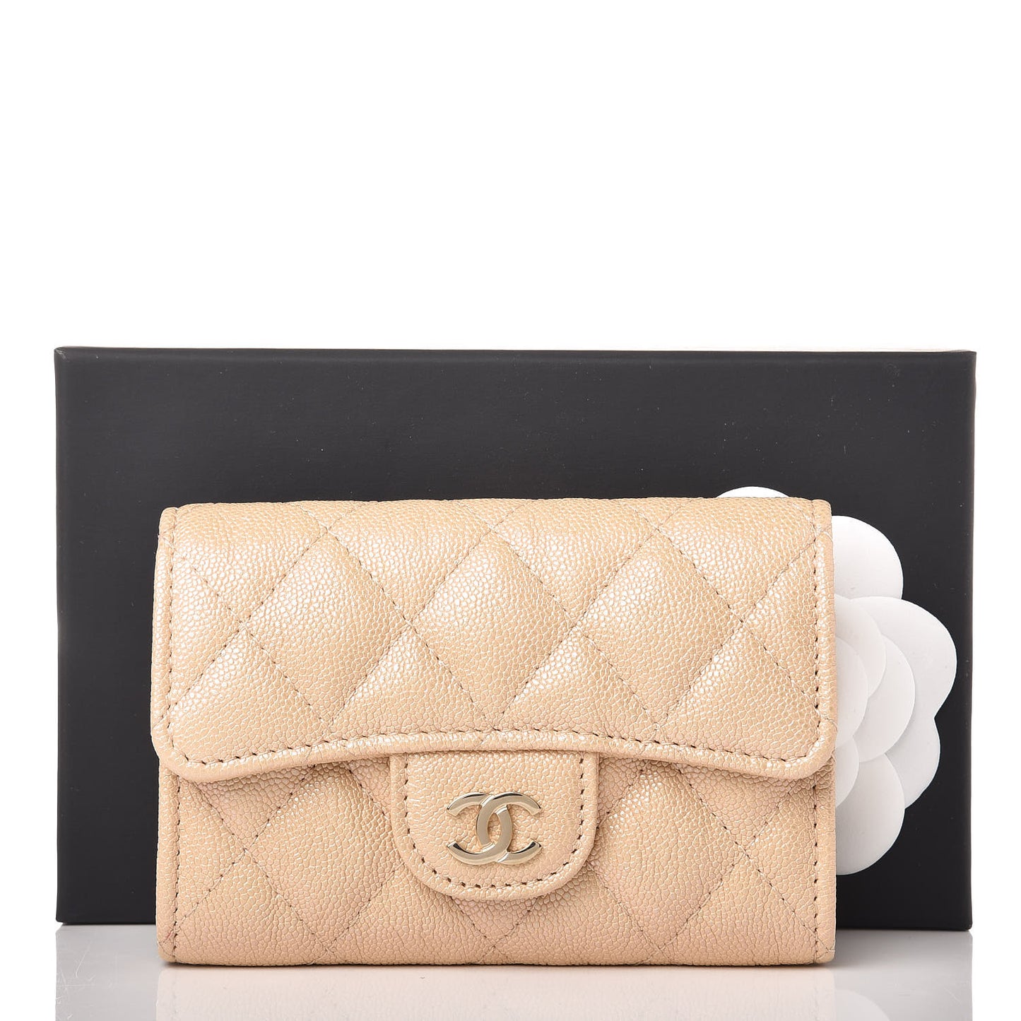 Iridescent Caviar Quilted Flap Card Holder Beige