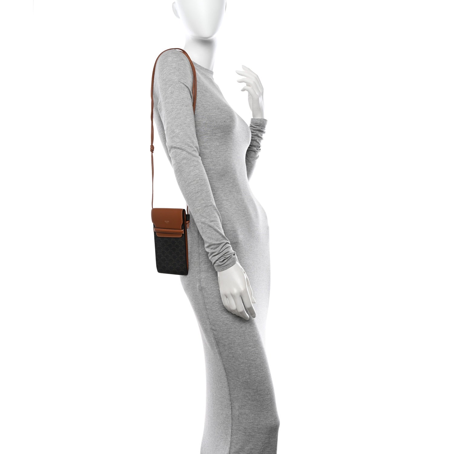 Celine Triomphe Canvas Lambskin Phone Pouch With Flap Tan 2 of 11