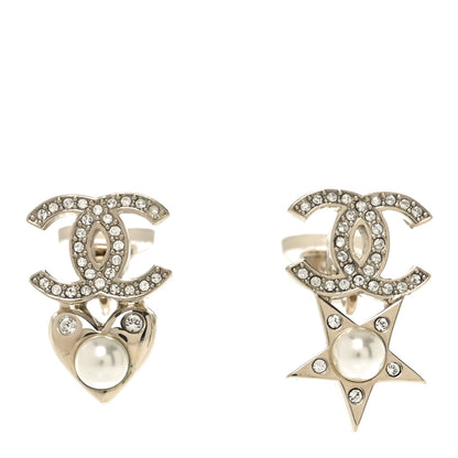 Chanel Crystal Pearl Charming Winter CC Star Heart Clip On Earrings Gold 1 of 4