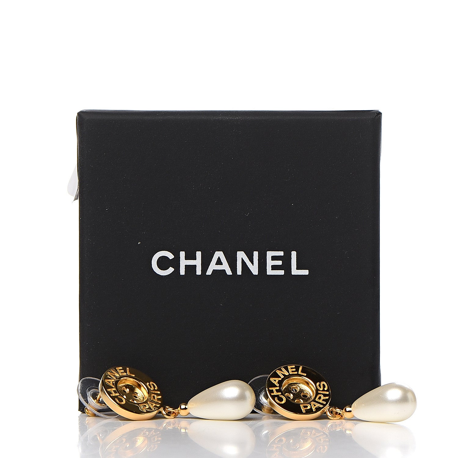 Chanel Metal Pearl Paris Button Drop Earrings Gold 5 of 5