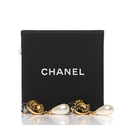 Chanel Metal Pearl Paris Button Drop Earrings Gold 5 of 5